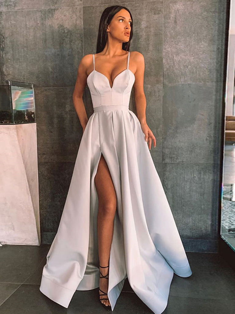 Simple A Line Gray Long Prom Dresses ...